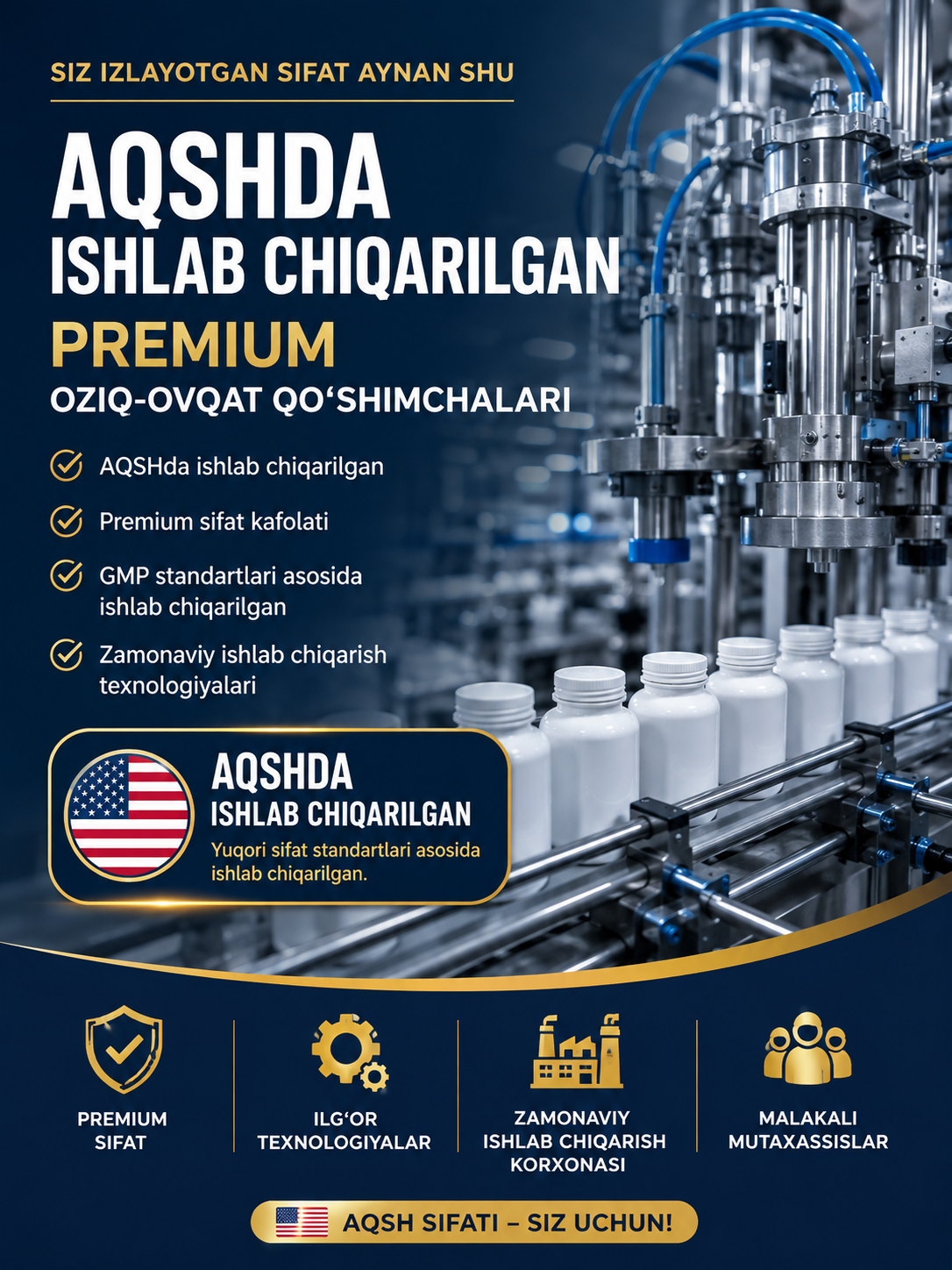 AQSHda ishlab chiqarilgan premium oziq-ovqat qo'shimchalari